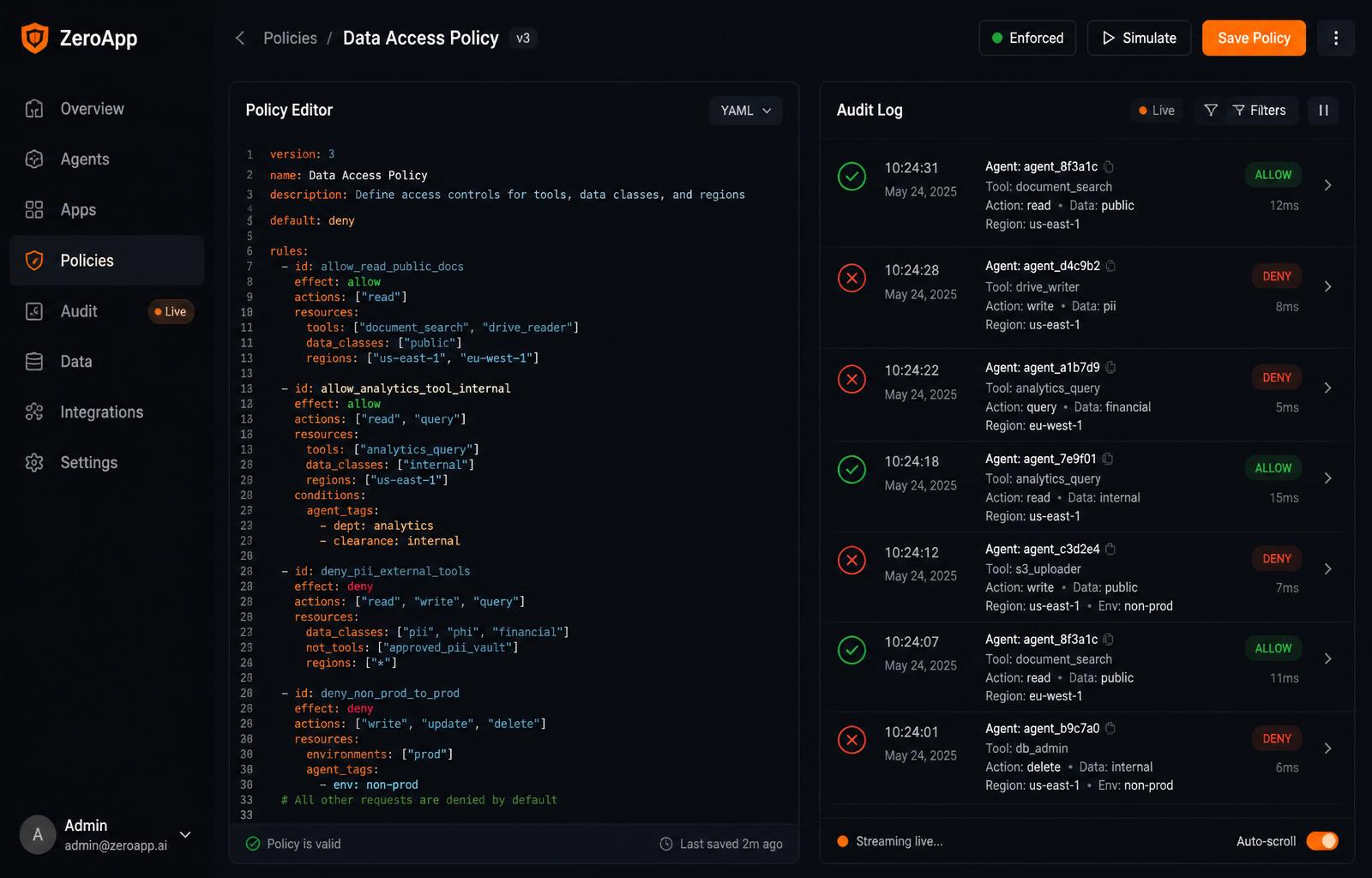 ZeroApp policy editor with YAML rules on the left and a live audit log streaming allow and deny decisions on the right